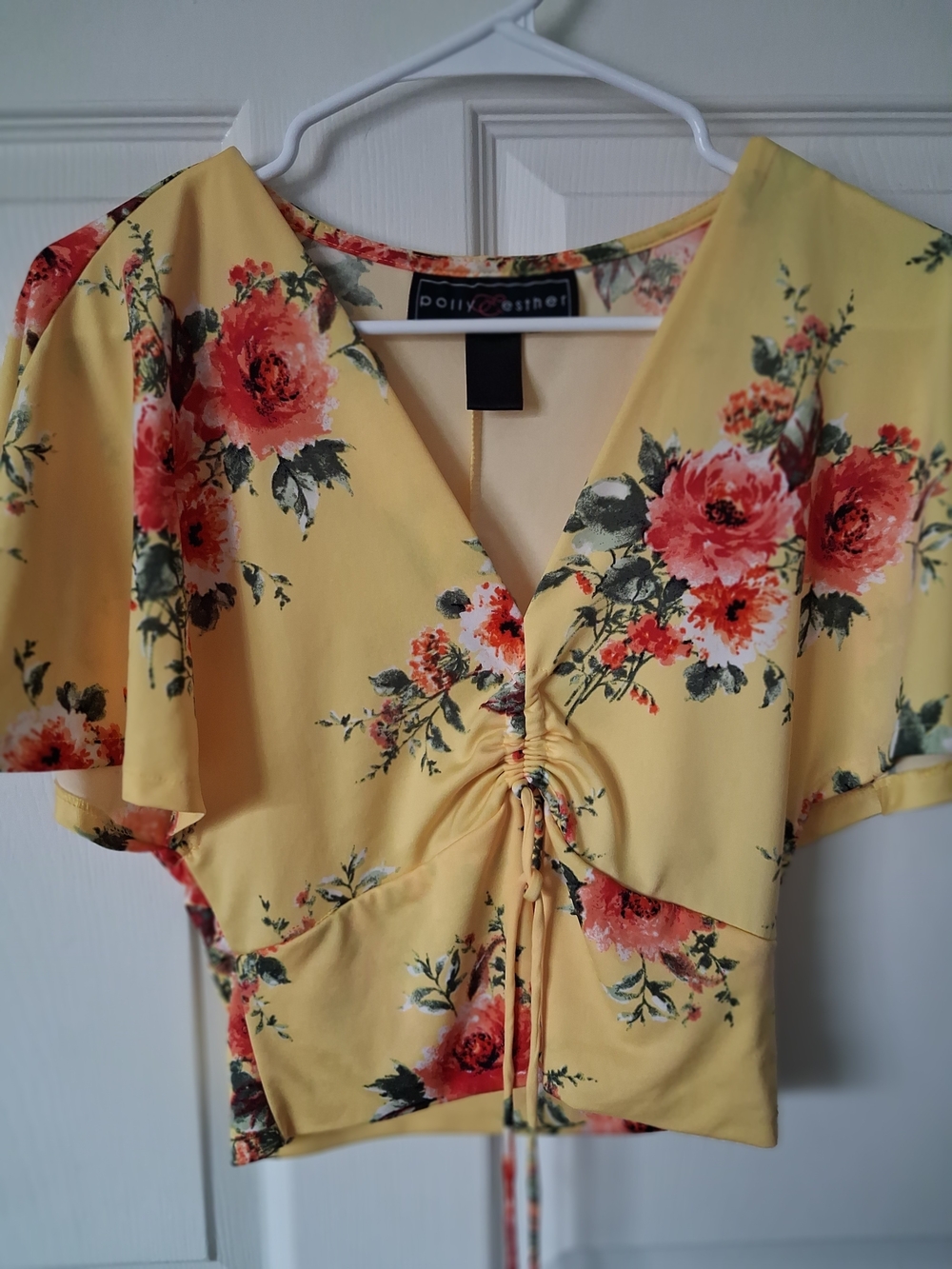 Polly & Esther Yellow Floral Drawstring V-Neck Crop Top with Flutter Sleeves